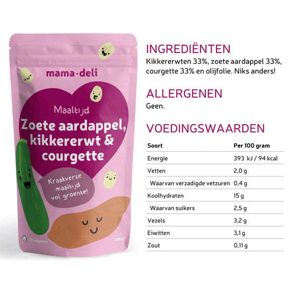 12+ maanden maaltijden | kikkererwt, zoete aardappel & courgette - Mama Deli