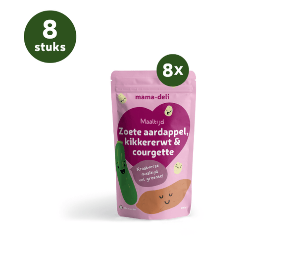 12+ maanden maaltijden | kikkererwt, zoete aardappel & courgette - Mama Deli